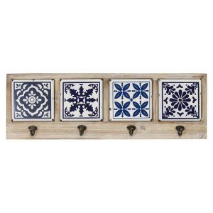 Homeroots.co 373323 Blue And White Tile Wall Hanging With Metal Hooks