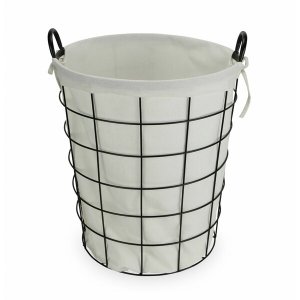 Homeroots.co 379818 Large White Fabric Lined Metal Laundry Type Basket