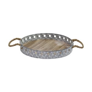 Homeroots.co 373324 16 Rustic Round Grey Wash Metal And Wood Tray