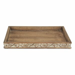 Homeroots.co 379825 Distressed Finish Wood Tray With Side Carvings