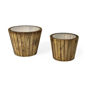 Homeroots.co 380707 Set Of 2 Light Brown Wood Accent Tables With Glass