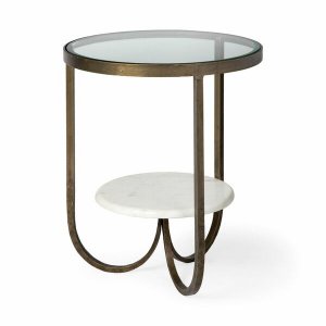 Homeroots.co 380669 Round Glass Top Metal Side Table With Marble Shelf