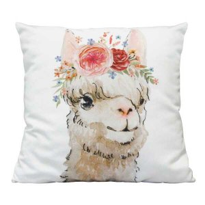 Homeroots.co 373127 Boho Chic Flowers And Llama White Square Pillow