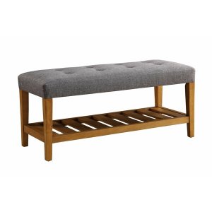 Homeroots.co 286432 Rectangular Gray Padded Becnh With Oak Finish Legs