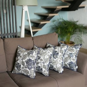 Homeroots.co 376848 Set Of 4 Square Blue And Beige Iris Throw Pillow C