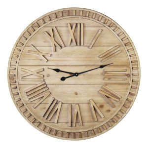 Homeroots.co 376593 32 Round Natural Wood Face Roman Numeral Wall Cloc