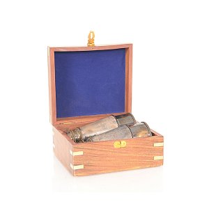 Homeroots.co 364324 Rustic Brass And Leather Binoculars In Wood Storag