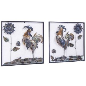 Homeroots.co 319805 Metallic Multi Color Roosters And Sunflowers Wall 