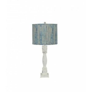 Homeroots.co 380171 Distressed White Table Lamp With Wood Planks In Bl