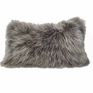 Homeroots.co 334353 17 Grey Tibetan Lamb Fur Pillow With Microsuede Ba