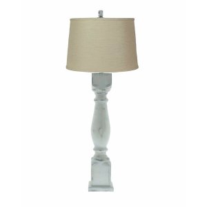 Homeroots.co 380176 Distressed White Table Lamp With Linen Fabric Shad