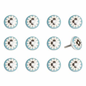 Homeroots.co 321672 Floral White And Sky Blue Set Of 12 Knobs