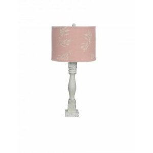 Homeroots.co 380172 Distressed White Table Lamp With Olive Branch Pink