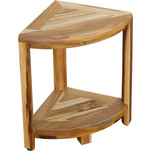 Homeroots.co 376736 Compact Teak Corner Shower Stool With Shelf In Nat