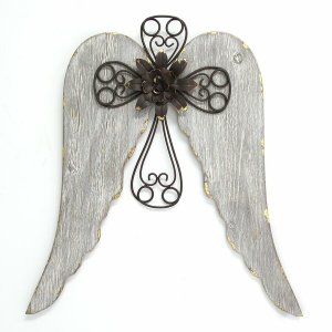 Homeroots.co 321242 Distressed White Angel Wings With Metal Cross Wall