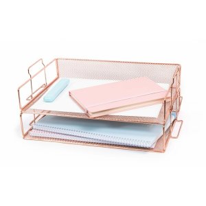 Homeroots.co 374350 Stylish Rose Gold Stackable 2 Tier Paper Tray Desk