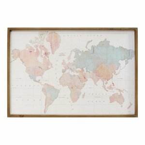 Homeroots.co 373216 Watercolor World Map Wood Framed Wall Art