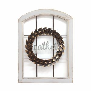 Homeroots.co 321320 Farmhouse Gather Metal Window Wreath Wall Decor