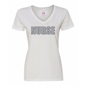 Bad NURVSMWH Women's V-neck Nurse T-shirt - Small - White