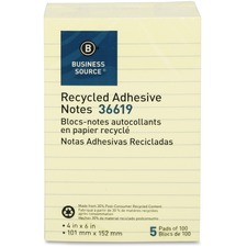 Business BSN 36619 Yellow Adhesive Notes - 4 X 6 - Rectangle - Ruled -