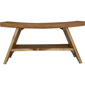 Homeroots.co 376730 Compact Curvilinear Teak Shower Outdoor Bench With