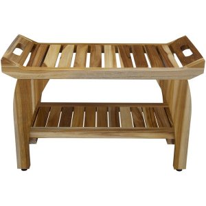 Homeroots.co 376722 Rectangular Teak Shower Bench With Handles In Natu