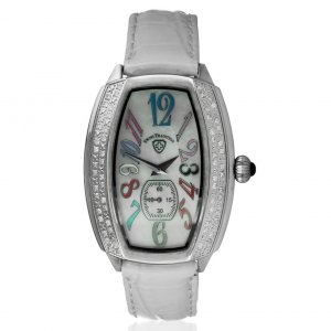 Swiss T100LWSKW Tonneau Crystal Accented White Leather Strap Watch