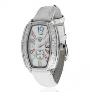 Swiss T100LWSKW Tonneau Crystal Accented White Leather Strap Watch