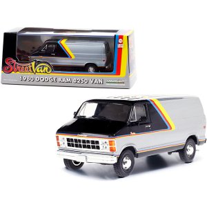 Greenlight 86600 1980 Dodge Ram B250 Van Silver And Black With Stripes