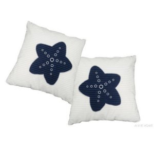 Old AB903 Anne Home - Set Of 2 White Pillows With A Blue Star