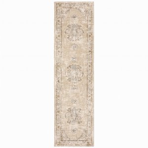 Homeroots.co 383637 8' Beige And Ivory Center Jewel Indoor Runner Rug