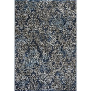 Homeroots.co 353820 3'x5' Slate Blue Damask Faux Silk Indoor Area Rug