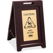 Rubbermaid RCP 1867507 Commercial Brass Plaque Wooden Caution Sign - 1