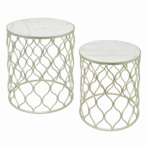 Plutus PBTH93883 Metal Marble Top Table In Champagne Metal Set Of 2