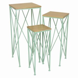 Plutus PBTH94687 Metalwood Plant Stand In Green Metal Set Of 3