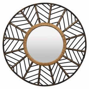 Plutus PBTH93107 Rattan Wall Mirror In Black Natural Fiber