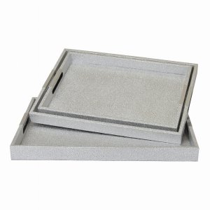 Plutus PBTH94525 Wood Tray Set Of 3 In Silver Pu-faux Leather