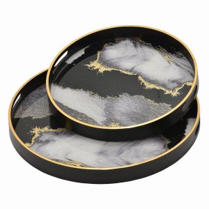 Plutus PBTH94139 Glass Tray In Black Glass Set Of 2