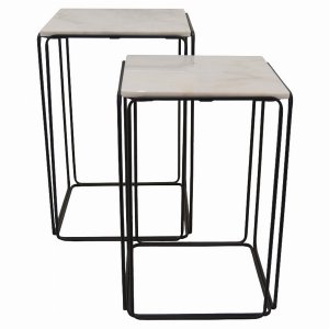 Plutus PBTH94047 Metal Marble Top Table In Black Metal Set Of 2