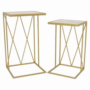 Plutus PBTH93073 Metalmarble Plant Stand In Gold Metal Set Of 2