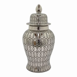 Plutus PBTH94371 Ceramic Temple Jar - Silver In Silver Porcelain