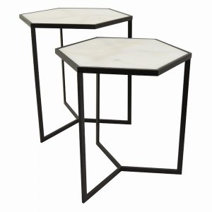 Plutus PBTH94585 Metal Marble Top Table In Black Metal Set Of 2