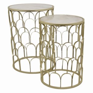 Plutus PBTH94046 Metal Marble Top Table In Champagne Metal Set Of 2