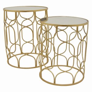 Plutus PBTH94045 Metal Mirror Top Table In Gold Metal Set Of 2