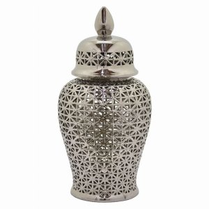 Plutus PBTH93518 Ceramic Pierced Temple Jar In Silver Porcelain