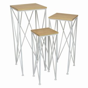 Plutus PBTH94686 Metalwood Plant Stand In White Metal Set Of 3