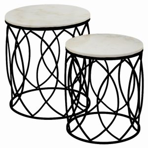 Plutus PBTH92375 Metalmarble Plant Stand In Black Metal Set Of 2