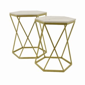 Plutus PBTH92224 Metal Marble Plant Stand In Gold Metal Set Of 2