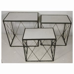 Plutus PBTH92722 Marble Top Plant Stand In Black Metal Set Of 3