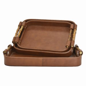 Plutus PBTH92357 Wood Tray Set Of 3 In Brown Wood